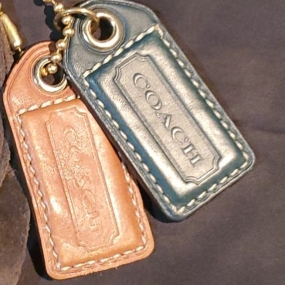 2 Coach Leather Brown Blue Medallion Replacement hangtag Charm Keychain